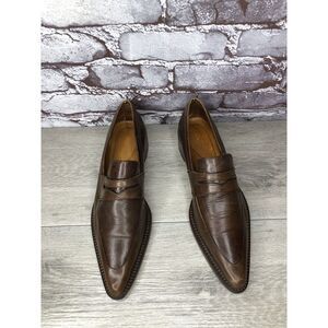Elisheba Brown Leather Penny Loafer Pointed Toe Heel Shoes Women Sz 37EU/6.5M US
